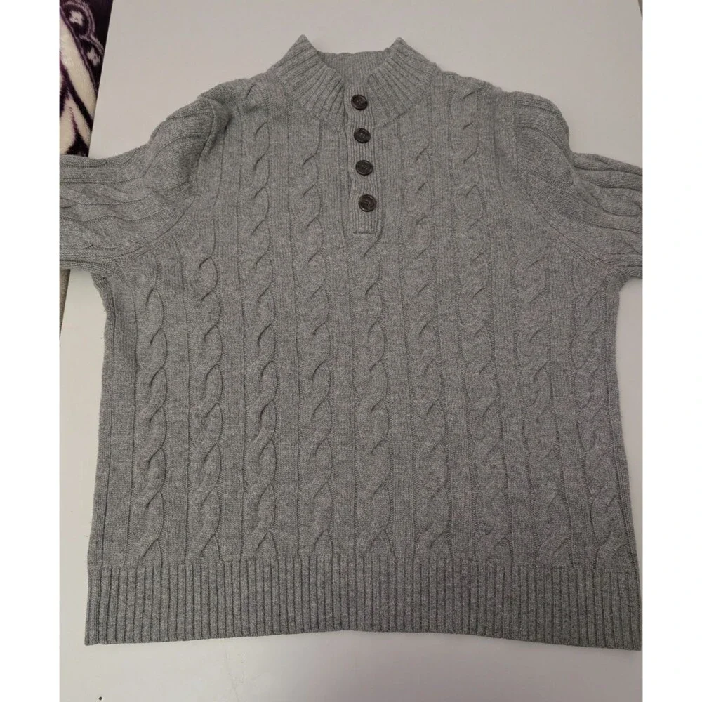 Vineyard Vines Mens L Gray Cable Knit Mock Neck Button Wool Cashmere Sweater